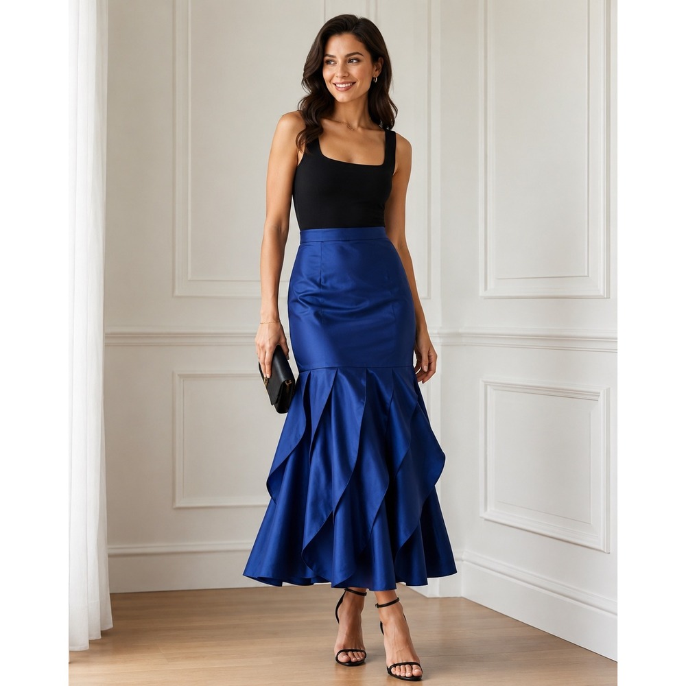 KM Collections by Milla Bell Royal Blue Tiered Ruffle Mermaid Maxi Skirt Size 6
